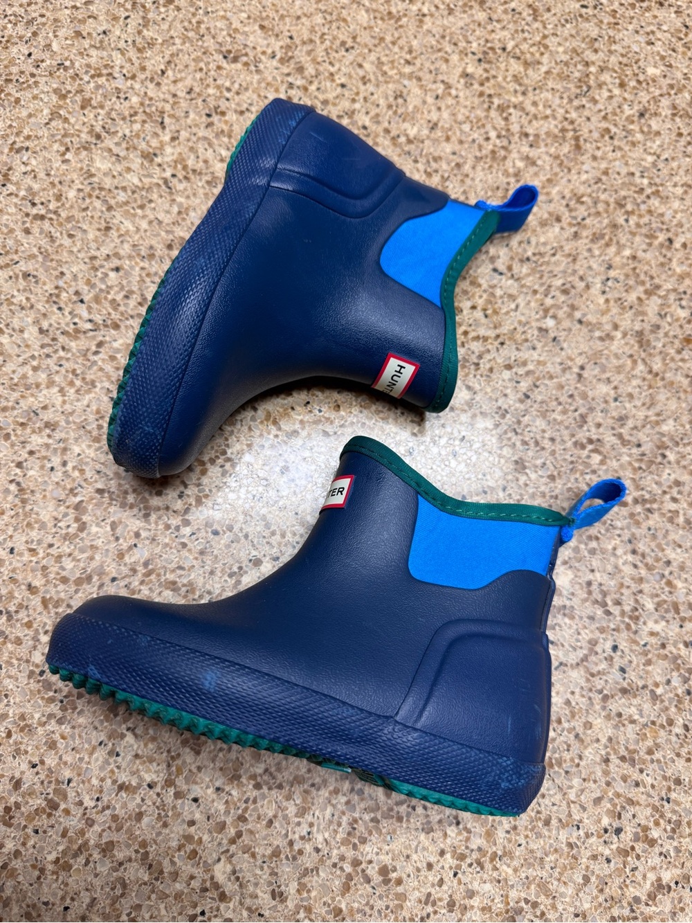 Hunter Kids Blue Ankle Rain Boots with Green Trim